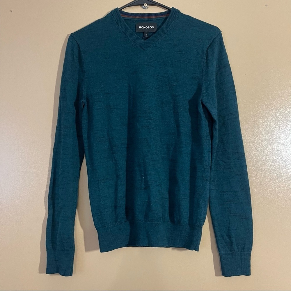 Bonobos Men's Green and black extra fine merino wool V-Neck Sweater size xs slim